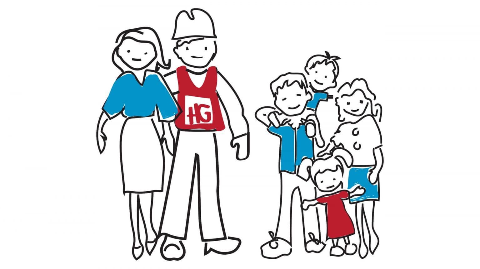 Cartoon illustration of two adults with a construction worker and a casual-dressed family of five.