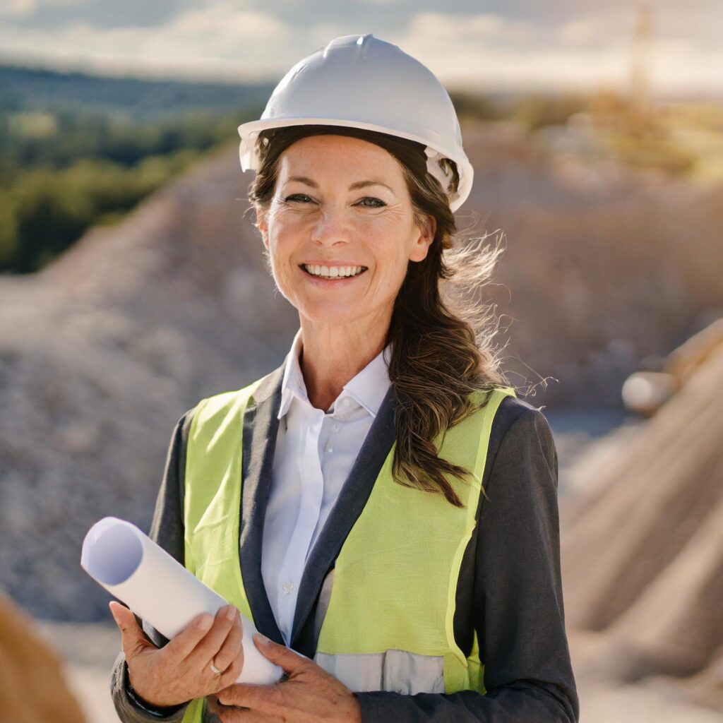 Female Professional in white hard hat and hi-vis waistcoat (AI Generated)