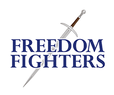 Freedom Fighters text in blue with a vertical sword between the words.