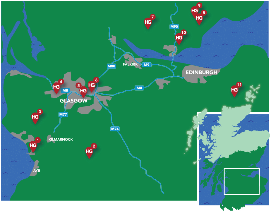 Map highlighting central Scotland with roads and marked points between Glasgow and Edinburgh.