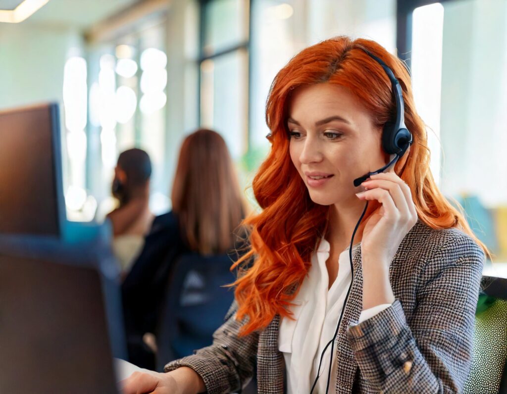 Woman with red hair wearing headset at desk in office during virtual meeting.