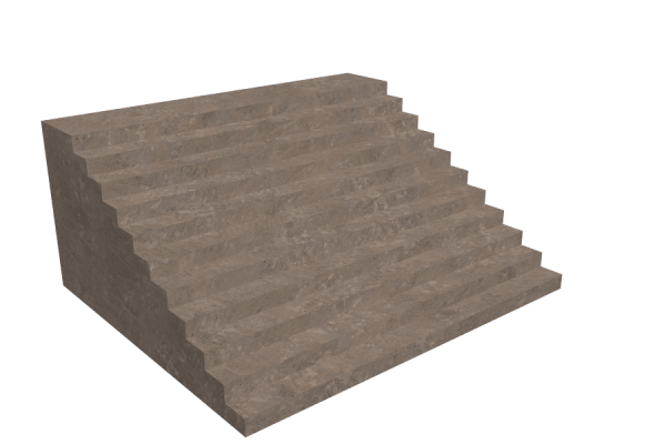 3D rendered symmetrical stone stepped structure with two concrete staircases converging at a flat platform.