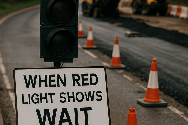 Roadworks with red light, sign instructs waiting, cones and machinery in background.